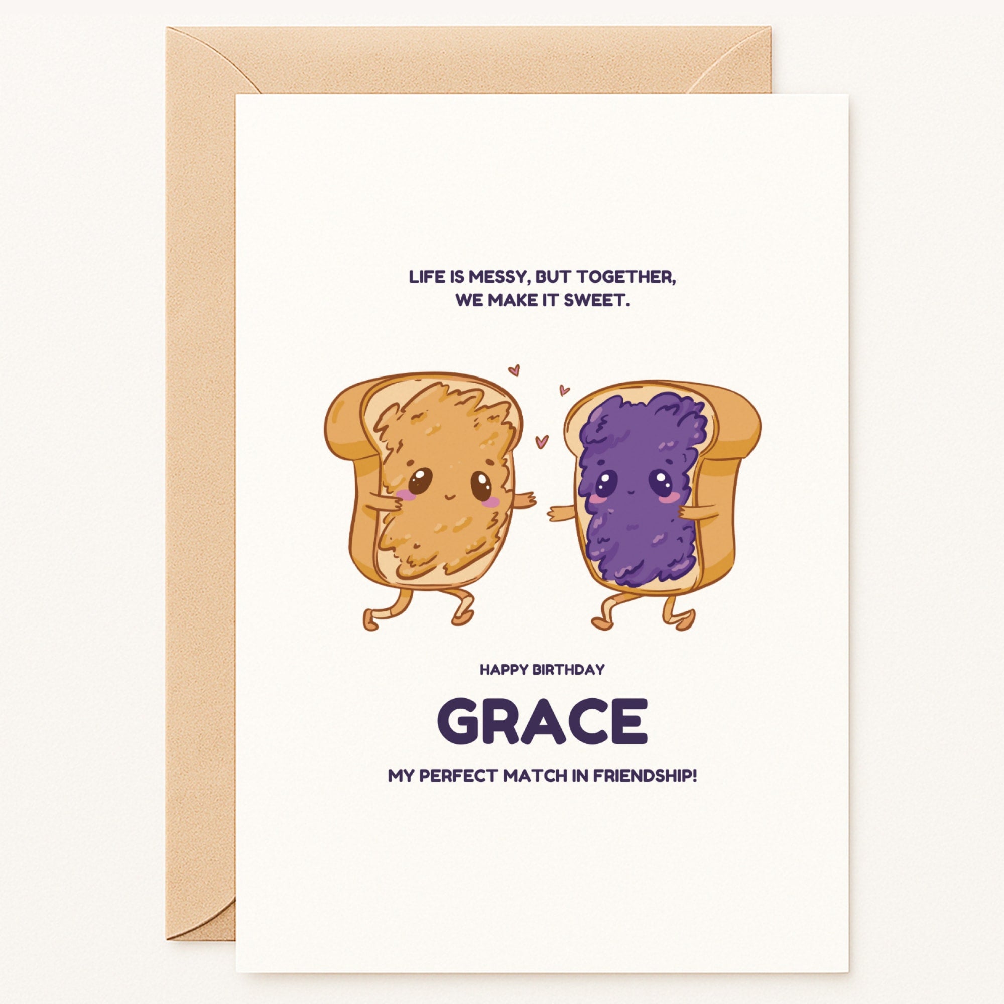 Celebrate your "perfect match" in friendship with Printarelle's adorable personalized PB&J birthday card! Customize with any name and enjoy the sweet message "Life is messy, but together, we make it sweet." Available in A6 or A5. Shop now.