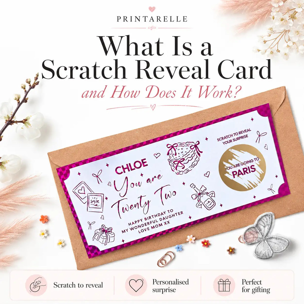 Scratch reveal card with envelope on a decorative background, featuring Printarelle branding.