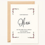Celebrate your soul sister with a beautiful personalized birthday card from Printarelle! Featuring a lovely floral frame design, customize with any name and your own heartfelt message. Available in A6 or A5. Shop now.