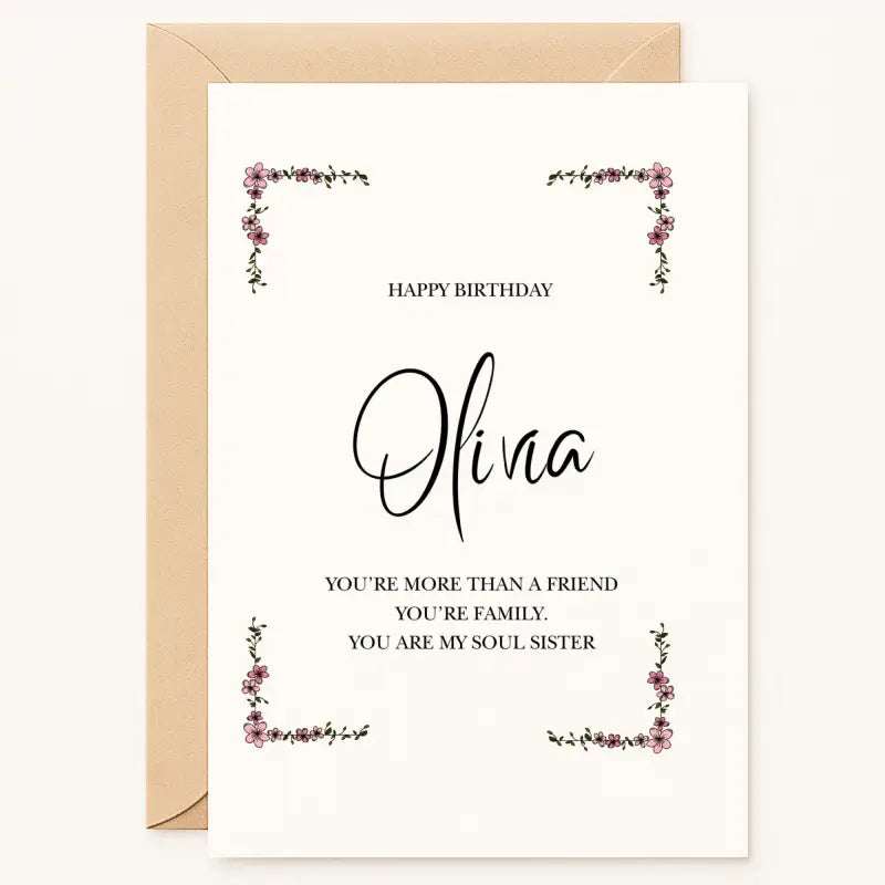 Celebrate your soul sister with a beautiful personalized birthday card from Printarelle! Featuring a lovely floral frame design, customize with any name and your own heartfelt message. Available in A6 or A5. Shop now.