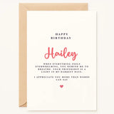 Personalized supportive friend birthday card with "Hailey" in pink script, A6 size, ideal for a best friend.