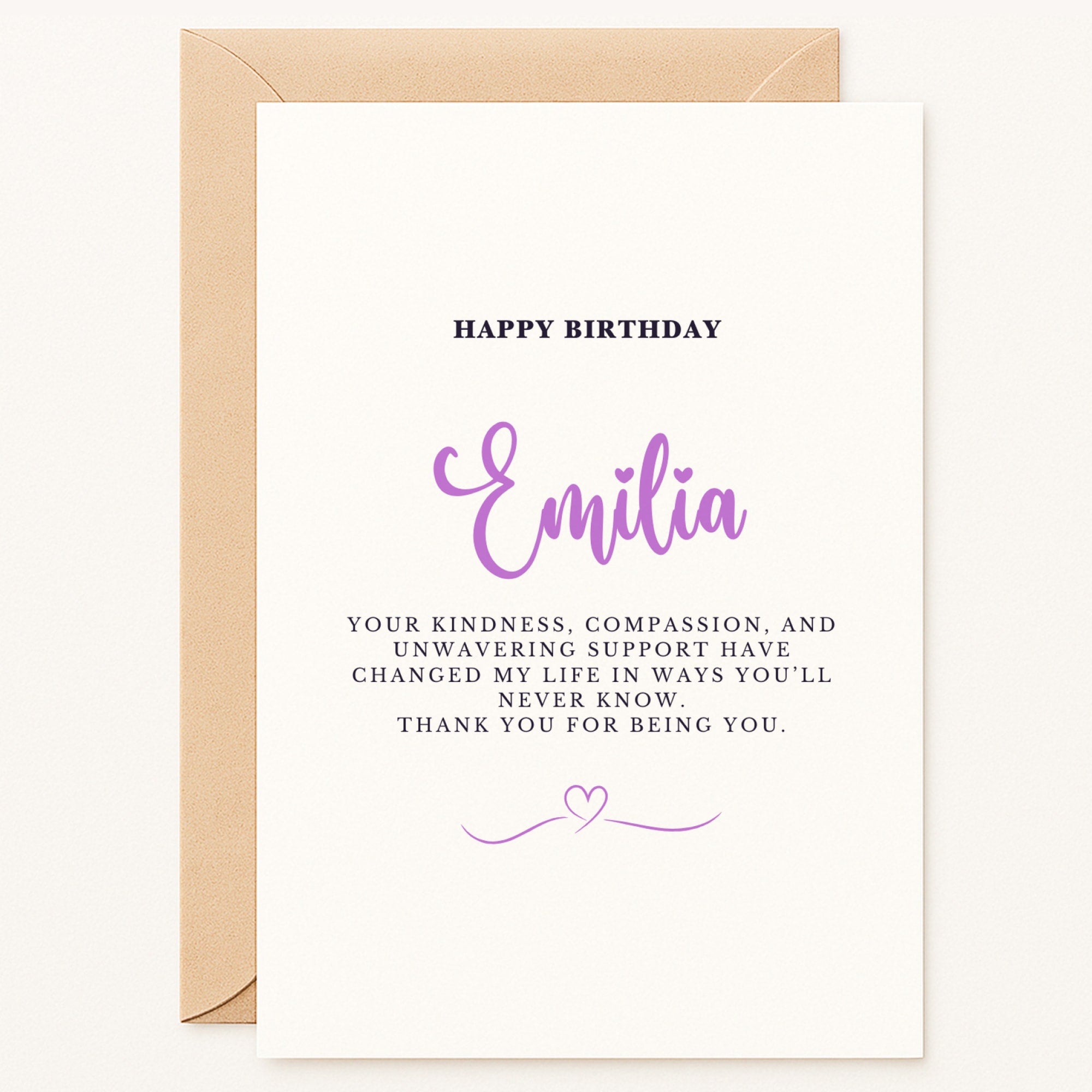 Personalized thank you birthday card with "Emilia" in purple script, A5 size, perfect for a friend or family member