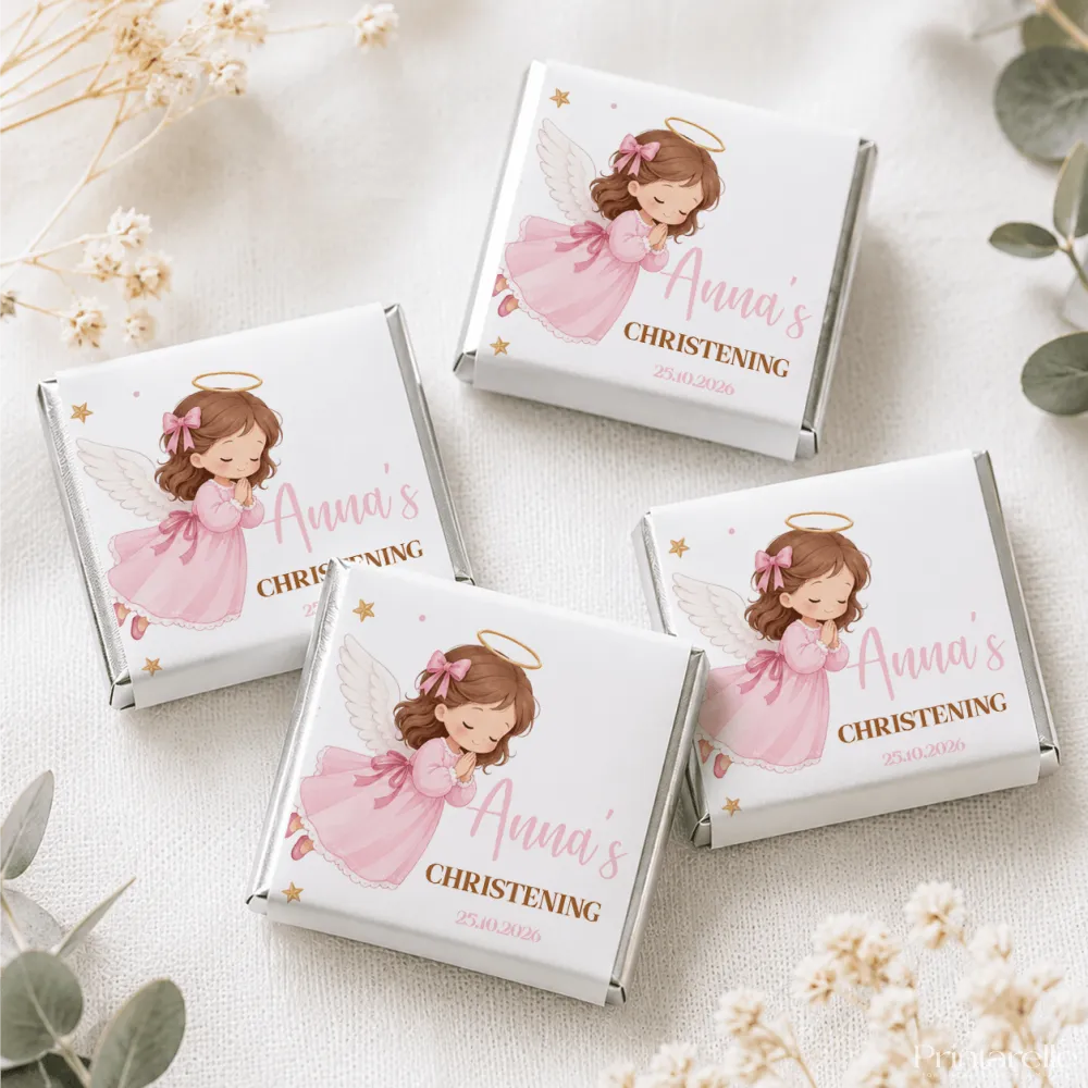 Pink angel christening mini neapolitan chocolates in white wrappers with gold accents featuring angel-themed designs