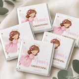 Pink angel christening mini neapolitan chocolates wrapped in white foil with gold accents and personalized text