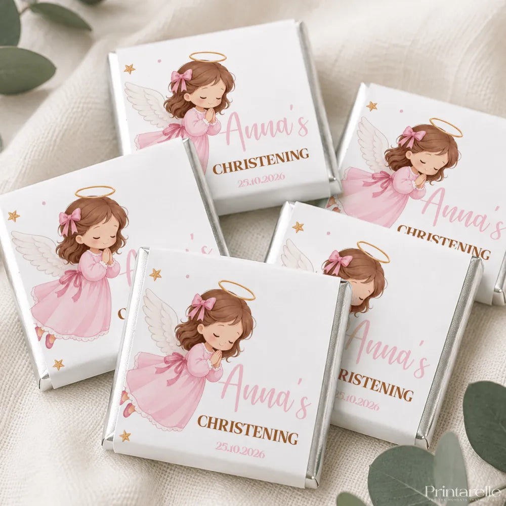Pink angel christening mini neapolitan chocolates wrapped in white foil with gold accents and personalized text
