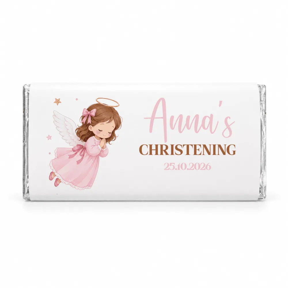 A white chocolate bar with a pink angel illustration and personalised 40g chocolate wrapper for annas christening