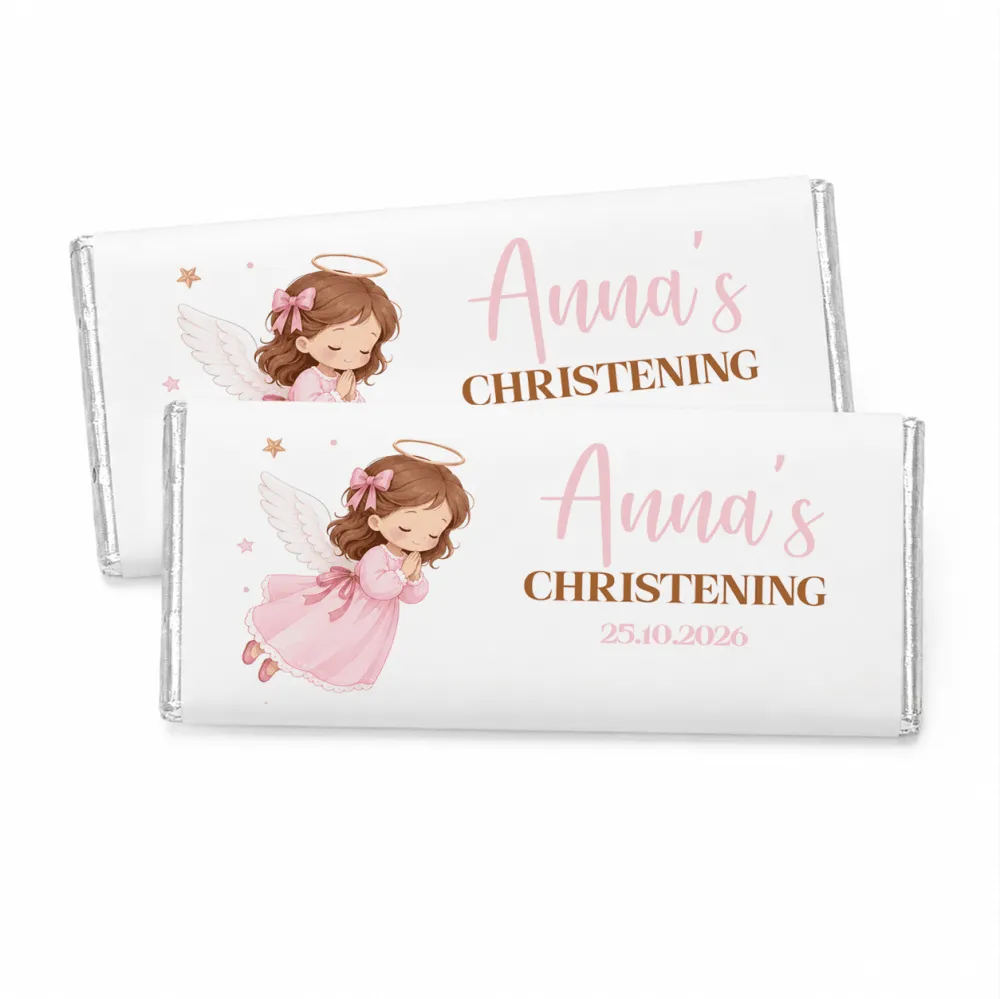 White chocolate personalised 40g chocolate bar with pink angel design for annas christening with date wrapping