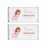 Two personalised 40g chocolate bars wrapped in silver foil with pink angel labels for annas christening 25 10 2026