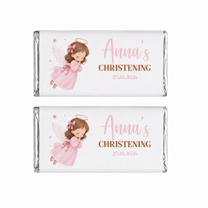 Two personalised 40g chocolate bars wrapped in silver foil with pink angel labels for annas christening 25 10 2026