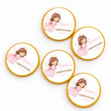 Pink angel 40mm milk chocolate coins with gold foil edges personalized with annas christening text