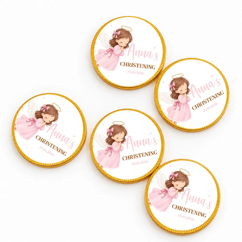 Pink angel 40mm milk chocolate coins with gold foil edges personalized with annas christening text
