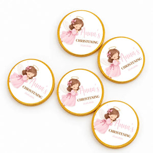 Pink angel 40mm milk chocolate coins with gold foil edges personalized with annas christening text