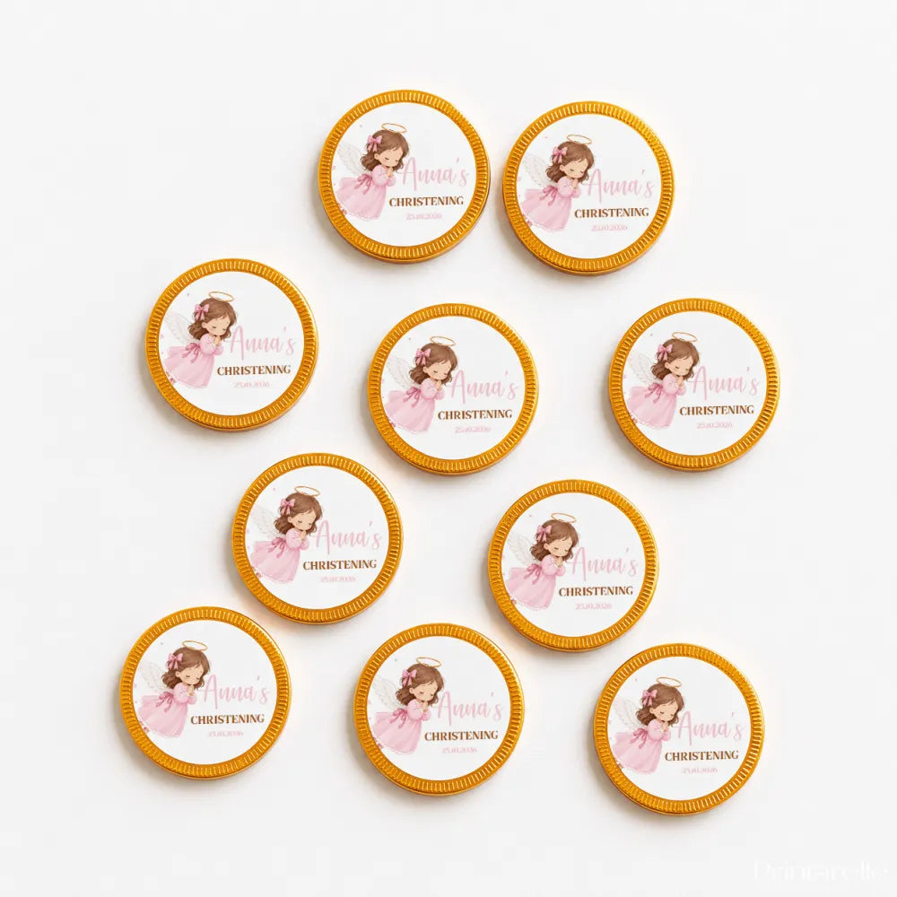 Round 40mm milk chocolate coins with gold edges featuring a pink angel and annas christening text