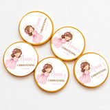 Pink angel-themed 40mm milk chocolate coins with gold foil edges personalized for annas christening celebration