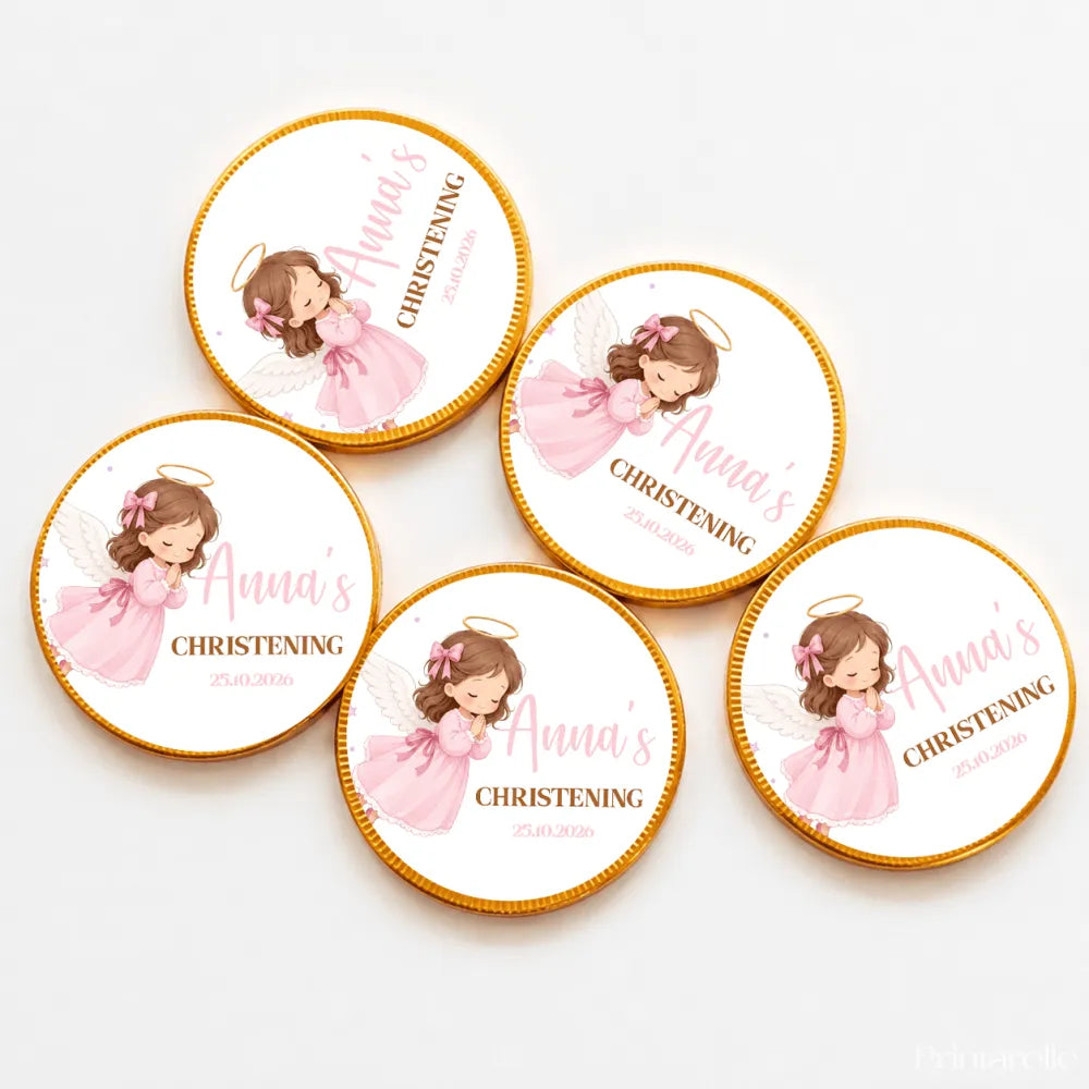 Pink angel-themed 40mm milk chocolate coins with gold foil edges personalized for annas christening celebration