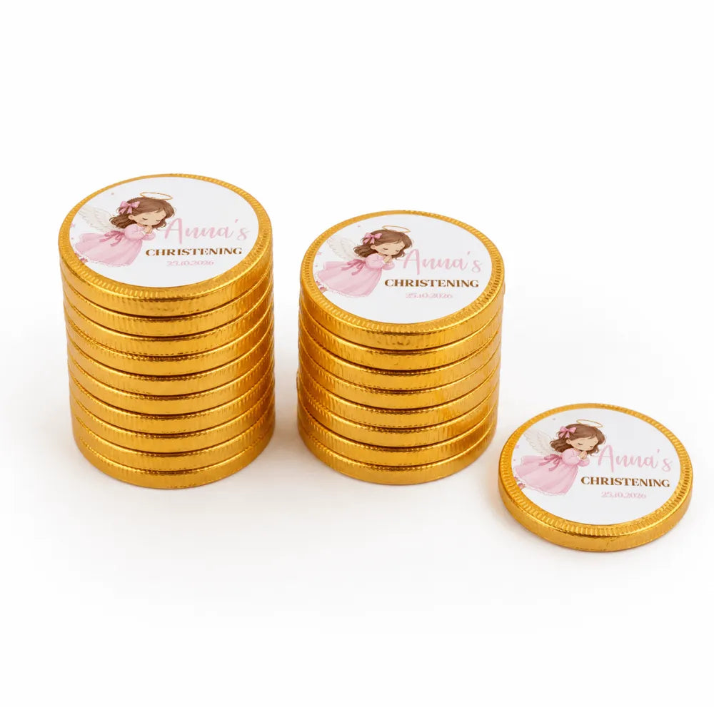 Golden 40mm milk chocolate coins with pink angel design and annas christening label personalized chocolate coins