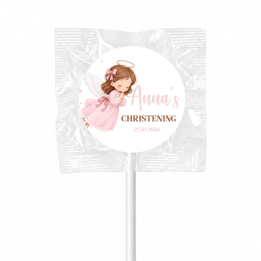 Pink angel christening personalised lollipop with white stick and clear wrapper featuring anna’s christening text