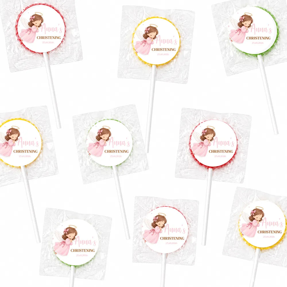 Pink angel christening personalised lollipop favour wrapped in clear cellophane with cartoon angel design