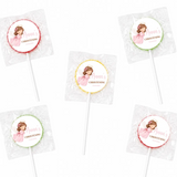 Pink angel christening personalised lollipop favours in clear wrappers with anna’s christening printed label