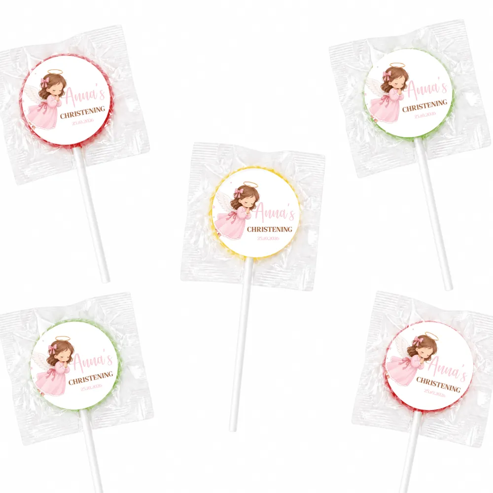 Pink angel christening personalised lollipop favours in clear wrappers with anna’s christening printed label