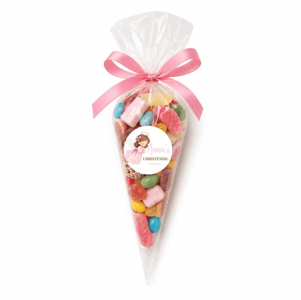 A pink angel christening sweet cone filled with colorful gummies and tied with a pink satin bow