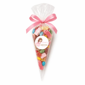 A pink angel christening sweet cone filled with colorful gummies and tied with a pink satin bow