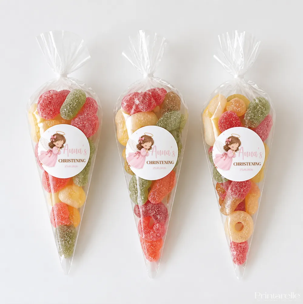 Three clear plastic sweet cones filled with colorful gummy candies for pink angel christening sweet gifts