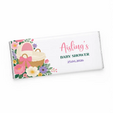 Personalised white chocolate 40g bars with pink bassinet floral wrapper for baby shower gifts