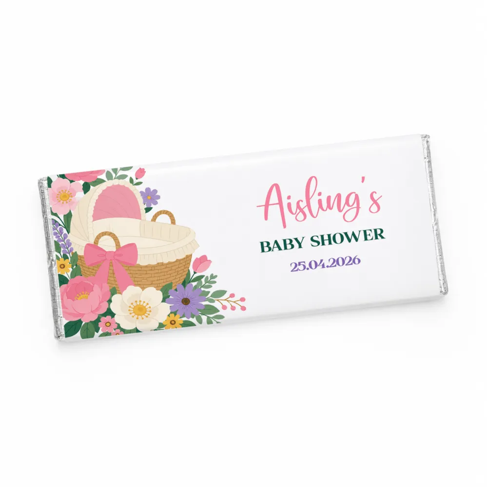 Personalised white chocolate 40g bars with pink bassinet floral wrapper for baby shower gifts