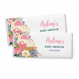 Personalized white chocolate 40g bars with floral pink bassinet design wrapped in silver foil perfect for baby shower