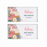 Pink bassinet baby shower 40g chocolate bar with pink and white floral design and woven basket illustration