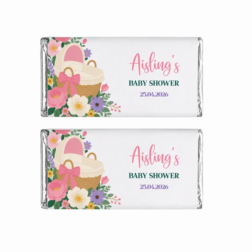 Pink bassinet baby shower 40g chocolate bar with pink and white floral design and woven basket illustration