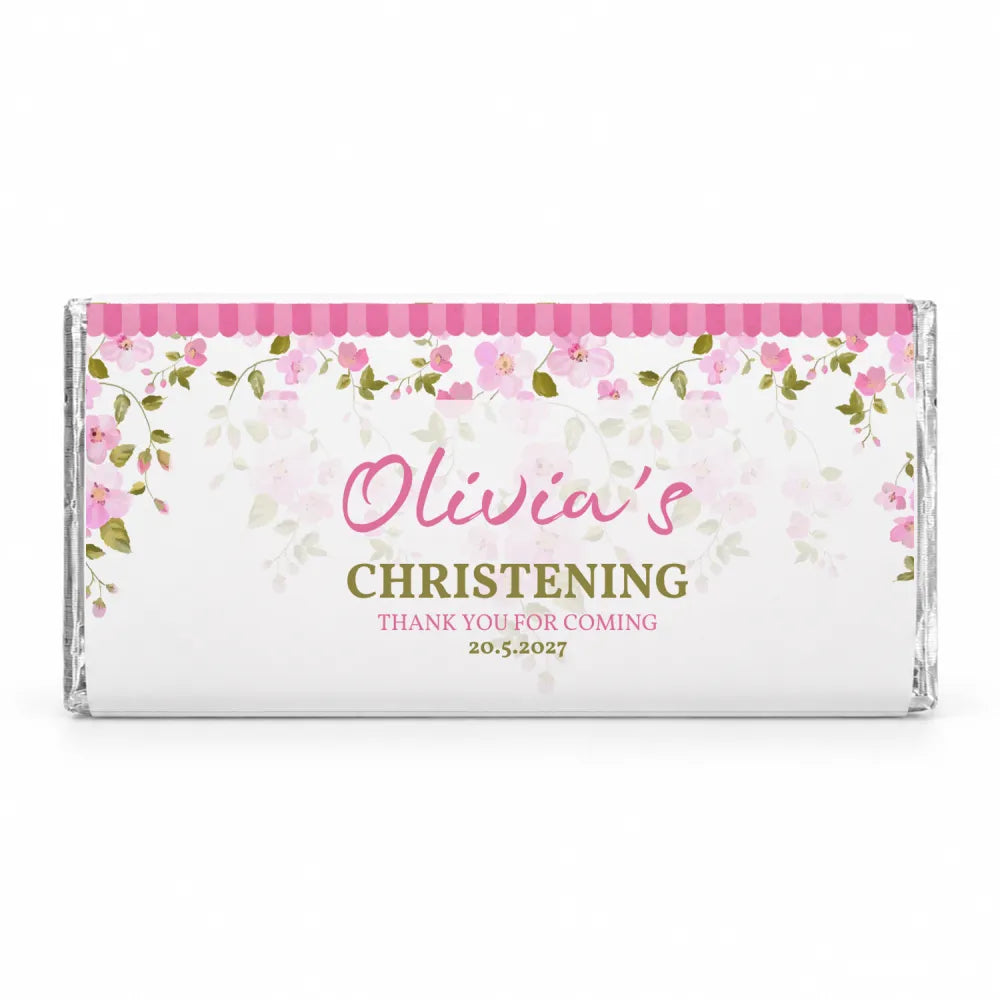 A personalised 40g pink blossom chocolate bar with a pink and green floral wrapper for olivias christening