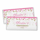 Pink blossom personalised 40g chocolate bar with pink floral design and olivia’s name for christening celebration
