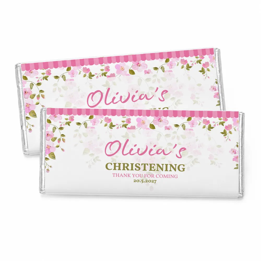 Pink blossom personalised 40g chocolate bar with pink floral design and olivia’s name for christening celebration