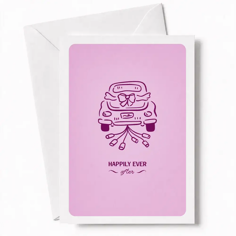 Pink wedding card with an illustrated vintage wedding car in purple and champagne flutes labeled happily ever after