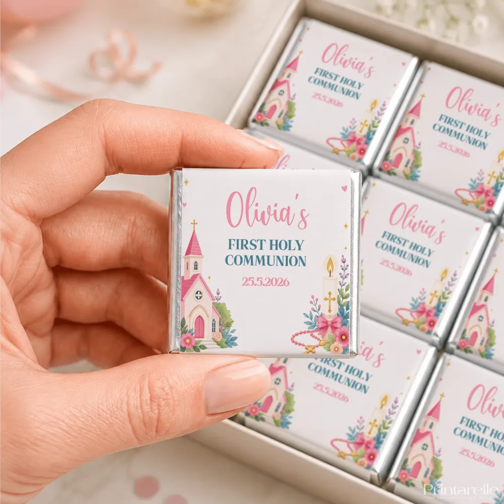 A personalized white chocolate square with pink and teal text floral pink church tower design and silver foil edges mini neapolitan chocolates