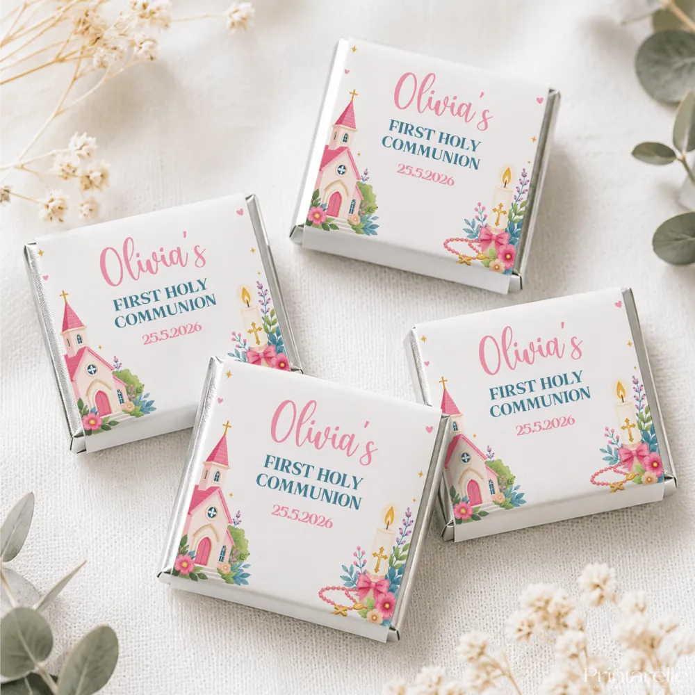White chocolate box with pink and teal floral design and church illustration personalized for olivias first holy communion mini neapolitan chocolates