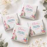 White chocolate box with pink and teal floral design and church illustration personalized for olivias first holy communion mini neapolitan chocolates
