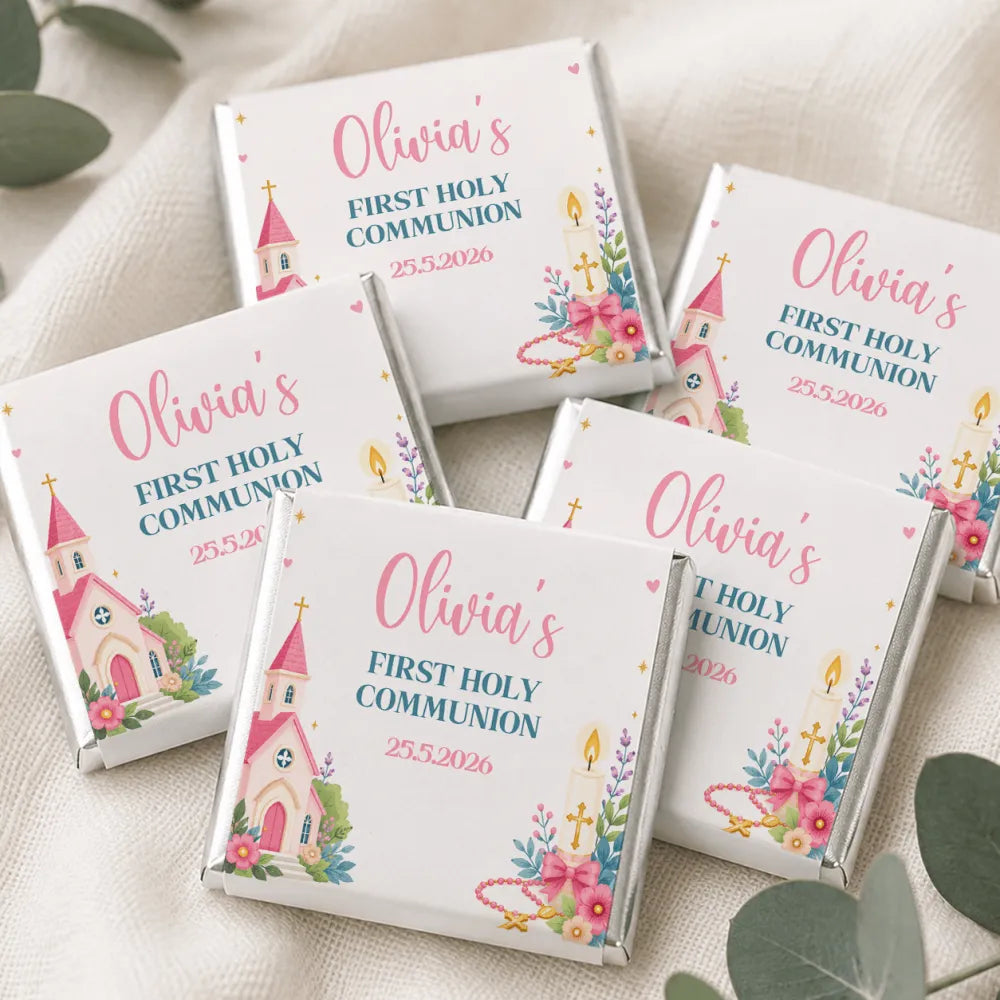 Personalized white chocolate mini neapolitan chocolates with pink church and floral design for olivias first holy communion