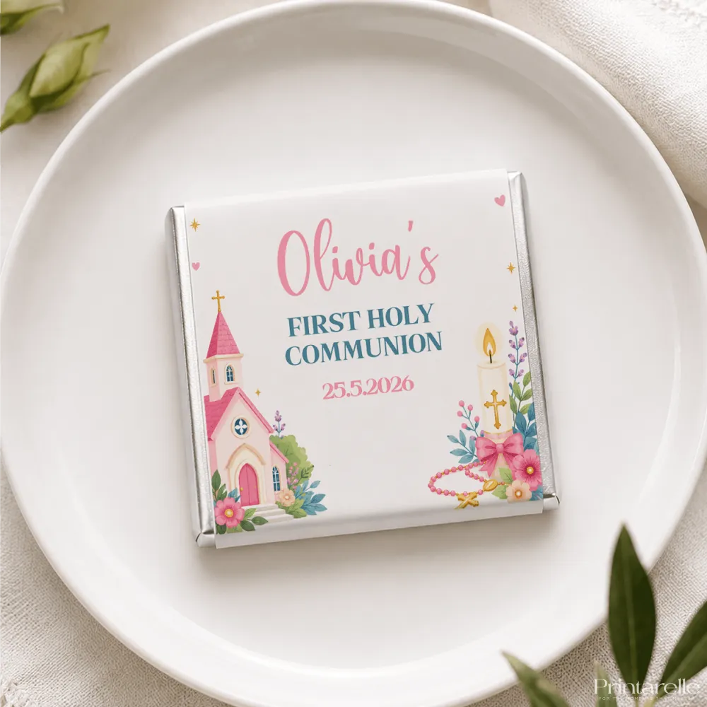A personalized white chocolate mini neapolitan with pink teal church candle flowers for olivia first holy communion