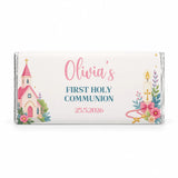 A personalized 40g chocolate bar with a pink church and candle design for olivias first holy communion 2026 wrapped in clear foil