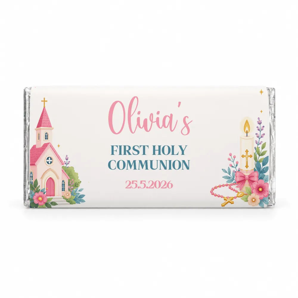 A personalized 40g chocolate bar with a pink church and candle design for olivias first holy communion 2026 wrapped in clear foil