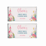 Pink church personalised 40g chocolate bars wrapped in silver foil with church and candle floral designs