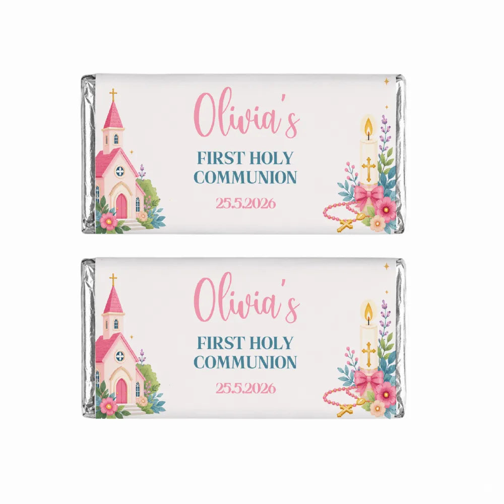 Pink church personalised 40g chocolate bars wrapped in silver foil with church and candle floral designs