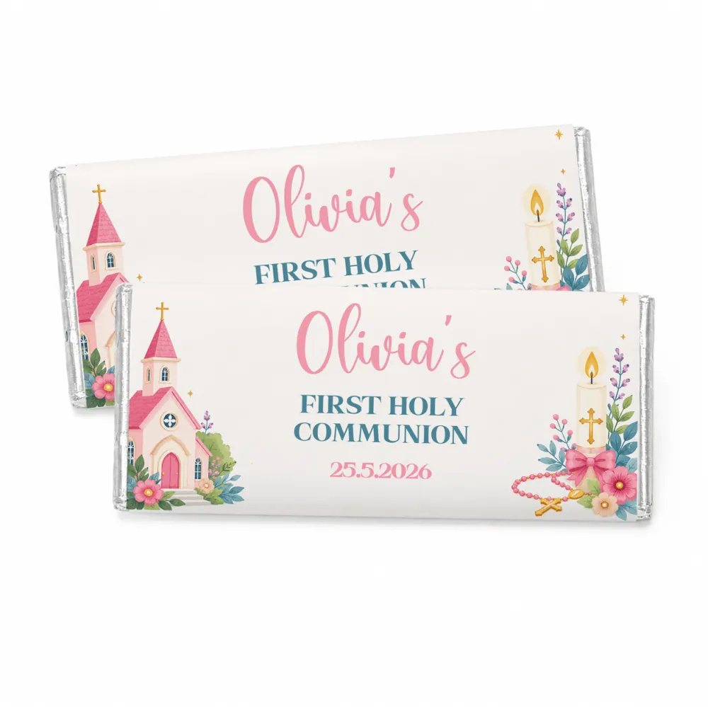 Personalized pink church 40g chocolate bars with white chocolate and cartoon church design for communion gifts