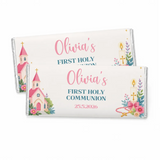Personalized pink church 40g chocolate bars with white chocolate and cartoon church design for communion gifts