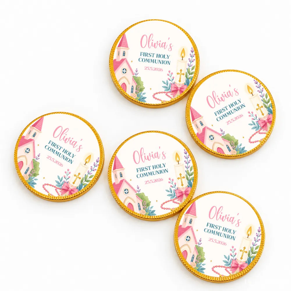 Pink church communion chocolate coins wrapped in pink and gold foil featuring church and candle designs