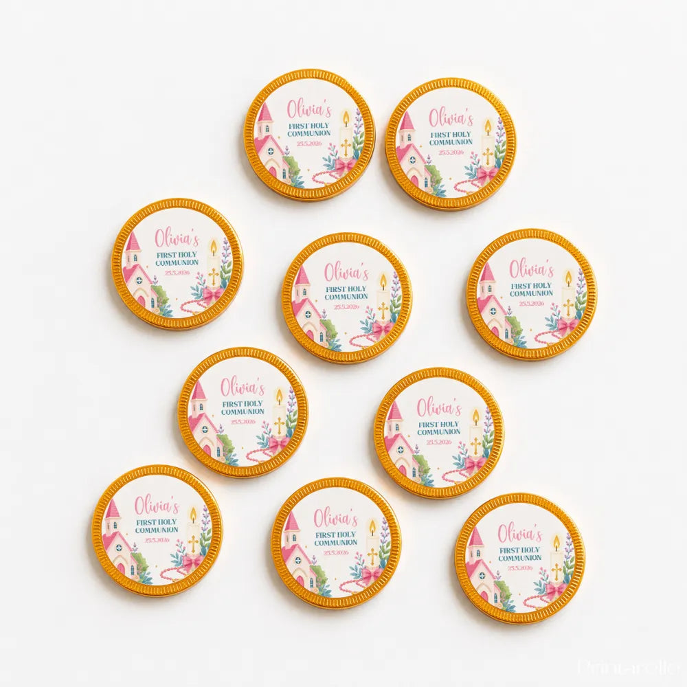 Pink and gold communion chocolate coins with pink church illustration and floral accents for olivias first holy communion