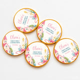 Pink church communion chocolate coins wrapped in pink and gold foil with personalized olivias first holy communion design
